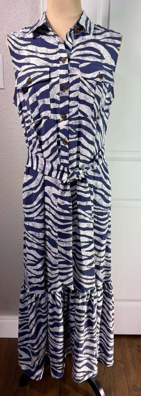 Chico's Zebra Print Shirtdress Size 0 4/6 Navy White Sleeveless Belted Midi